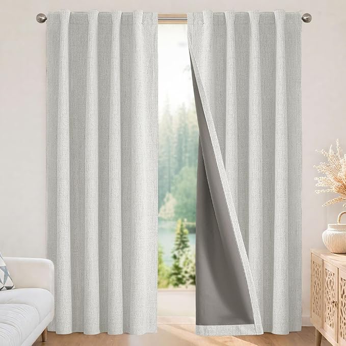 Joydeco Linen Blackout Curtains for Bedroom - 100% Light Blocking 1 Panels, White Drapes 100" W x 84" L, Thermal Insulated Room Darkening Curtains for Living Room, Rod Pocket & Back Tabs