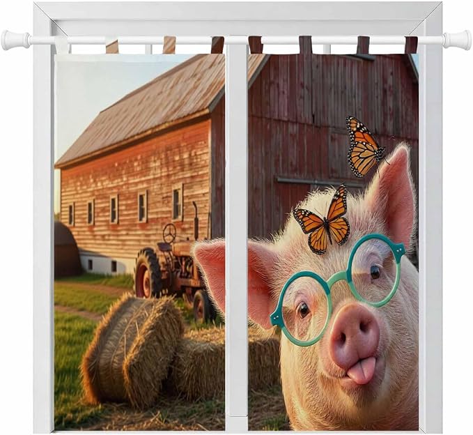 Farm Pig Bathroom Curtains 63 Inch Length, Window Curtains Tab Top, Farmhouse by Unknown