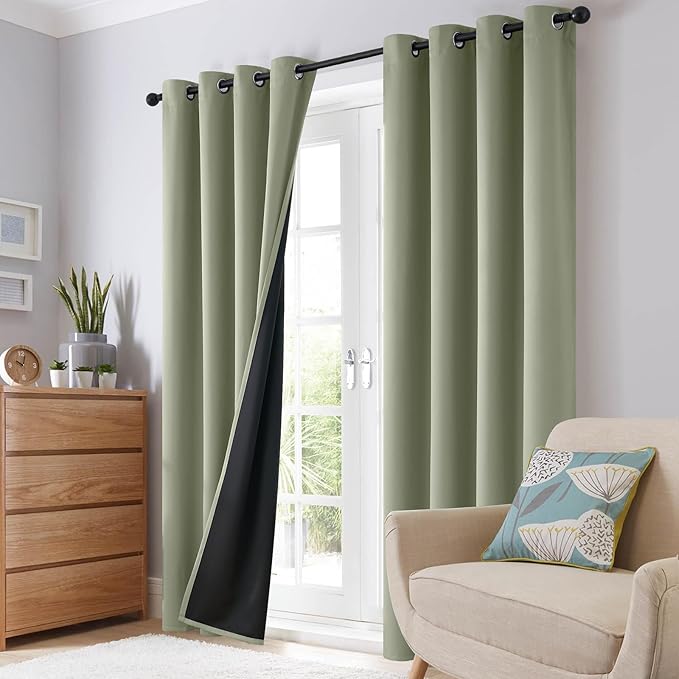SimpleHome 100% Blackout Curtains for Bedroom,Thermal Insulated Light Sage Grommet Window Drapes Room Darkening Curtains for Living Room with Black Back,52 x 84 Inch,2 Panels