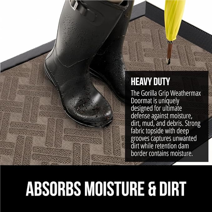 GORILLA GRIP 100% Waterproof All-Season WeatherMAX Doormat, US Designed Natural Rubber, Stain and Fade Resistant, Low Profile Indoor Outdoor Door Mats, Easy Clean Patio Mat, 29x17, Taupe Basket Weave
