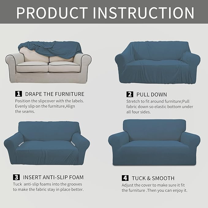 Easy-Going Stretch Oversized Chair Sofa Slipcover 1-Piece Couch Sofa Cover Furniture Protector Soft with Elastic Bottom for Kids Spandex Jacquard Fabric Small Checks Bluestone