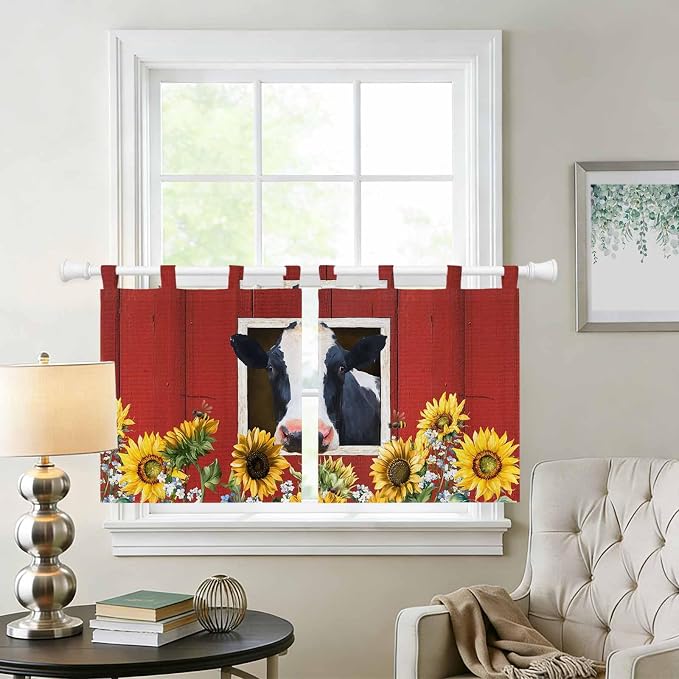 Cow Sunflowers Kitchen Curtains 36 Inch Length, Small Window Curtains Tab Top - Image 2