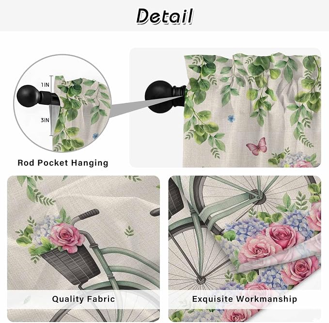 Farmhouse Spring Tier Curtains, Retro Bicycles Flowers Vines Butterfly Light - Image 9