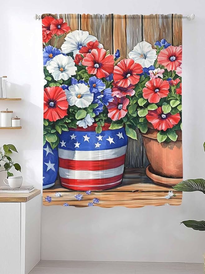 Sheer Curtains 72 Inches Long, Retro Independence Day Flag Wood Grain Privacy - Image 2