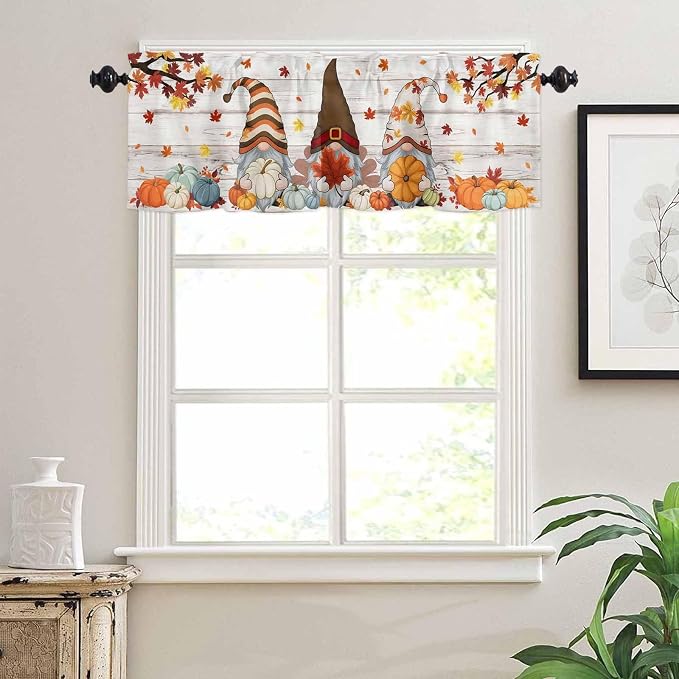 Fall Gnomes Kitchen Curtain Set, Thanksgiving Maple Leaf Grey Wood Grain Window - Image 7