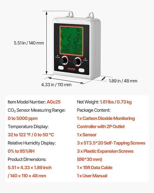 VEVOR Carbon Dioxide Detector, Dual Outlets CO2 Monitor, Day and Night - Image 7