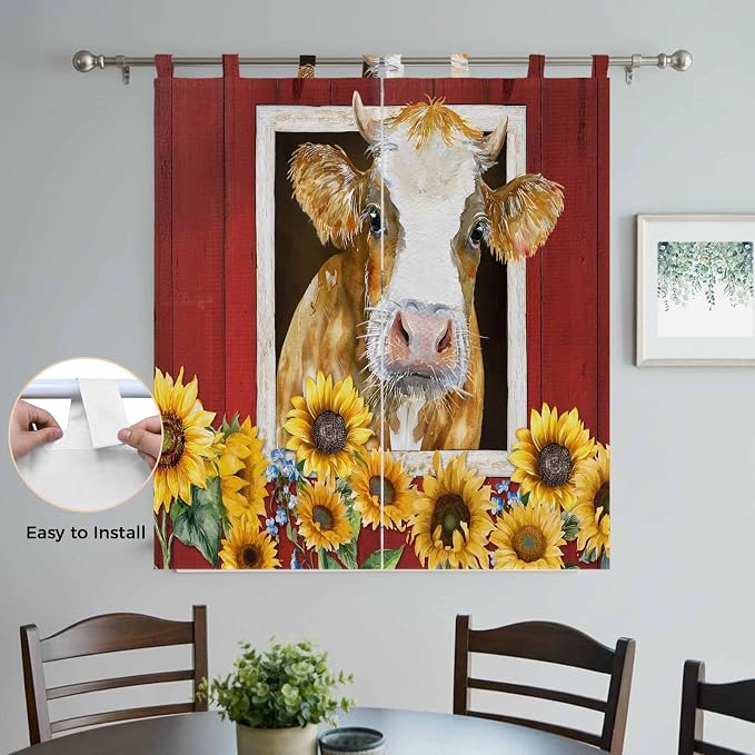 Cows Sunflowers Bedroom Curtains 72 Inch Length, Window Curtains Tab Top - Image 4