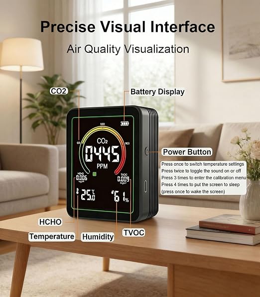 Air Quality Monitor Indoor, 5-in-1 Portable Real-Time CO2 Detector | - Image 7