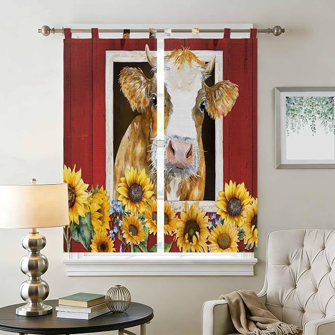 Cows Sunflowers Living Room Curtains 84 Inch Length, Window Curtains Tab Top - Image 2
