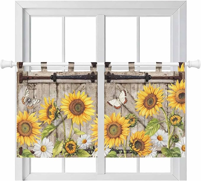 Farmhouse Sunflowers Kitchen Curtains 24 Inch Length, Small Window Curtains Tab by Unknown