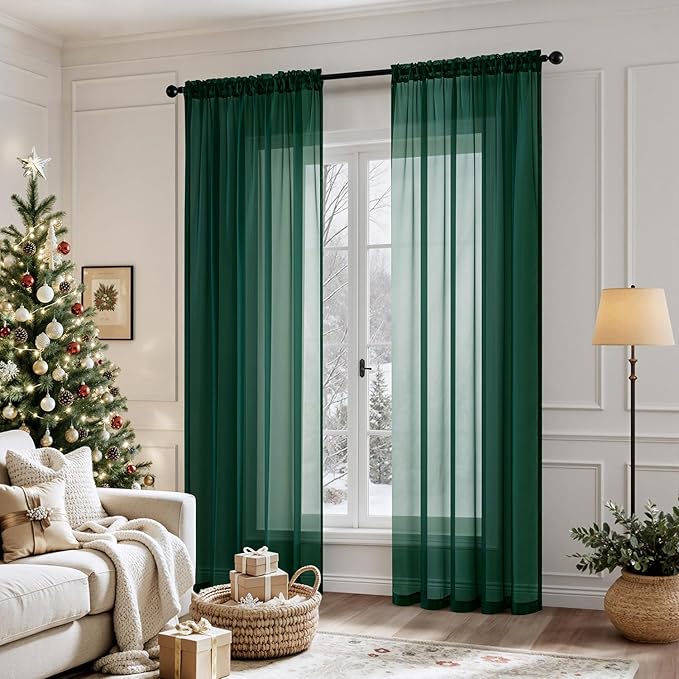 MIULEE 2 Panels Christmas Solid Color Sheer Window Curtains Elegant Window Voile Panels/Drapes/Treatment for Bedroom Living Room (54X96 Inches Hunter Green)
