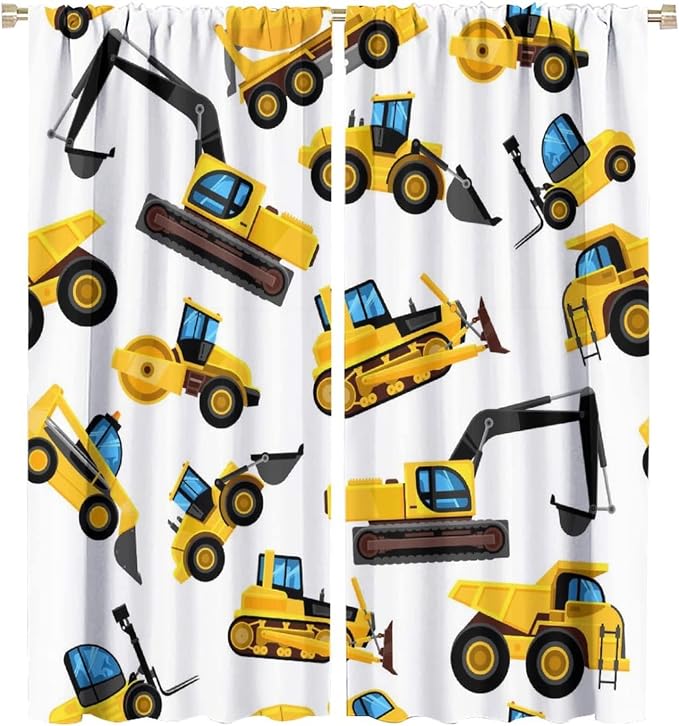 Kids Construction Equipment Window Curtains, Excavator Tractor Tow Truck Rod by SHElifestyle