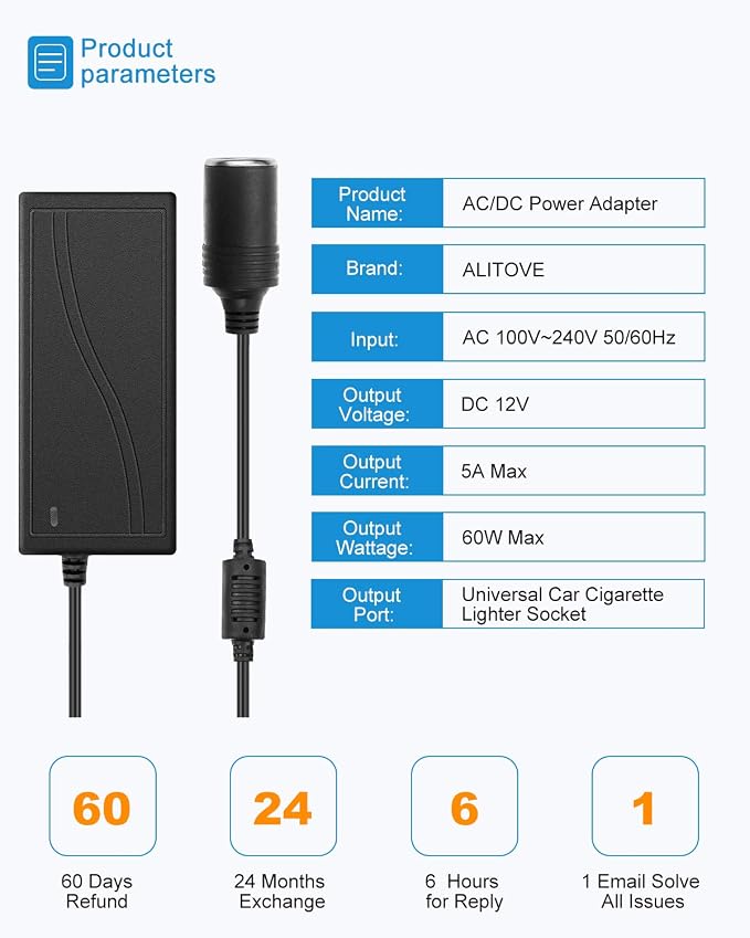 ALITOVE AC to DC Converter 12V 5A 60W 110V to 12V Converter Cigarette Lighter - Image 2