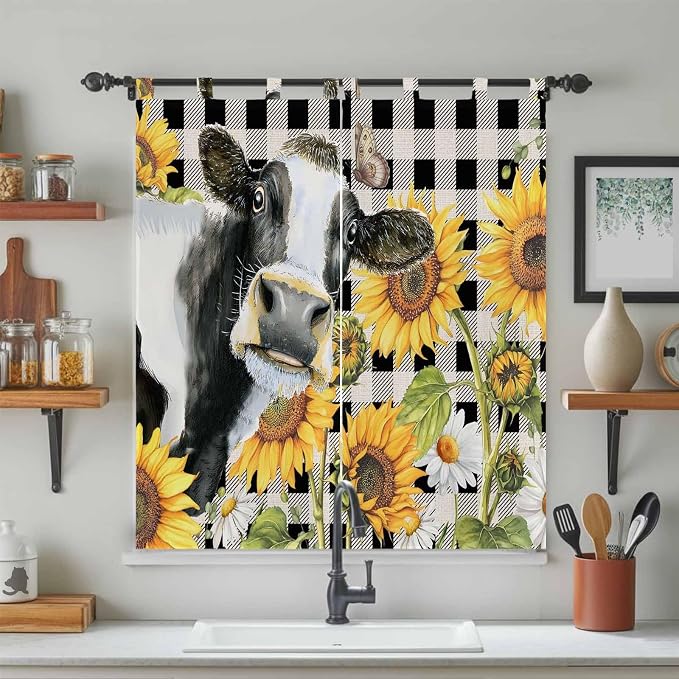 Retro Sunflowers Bathroom Curtains 63 Inch Length, Window Curtains Tab Top - Image 3