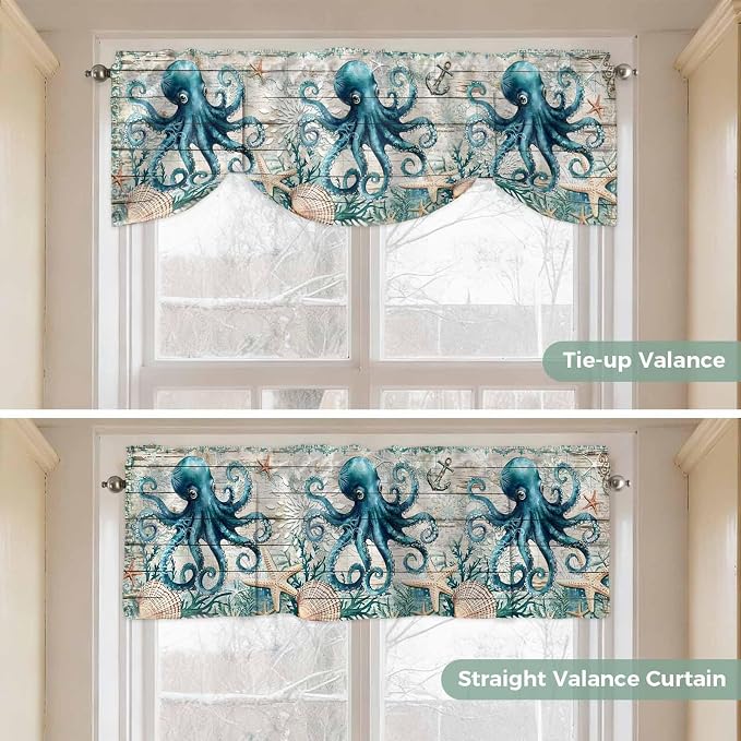 Sea Octopus Ocean Starfish Tie Up Valance Curtains, Nautical Anchor Vintage - Image 5