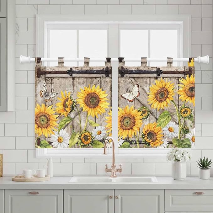 Farmhouse Sunflowers Kitchen Curtains 24 Inch Length, Small Window Curtains Tab - Image 3