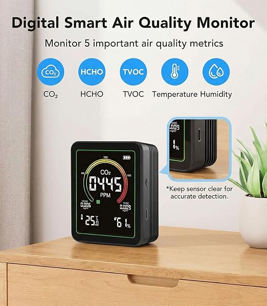Air Quality Monitor Indoor, 5-in-1 Portable Real-Time CO2 Detector | - Image 2