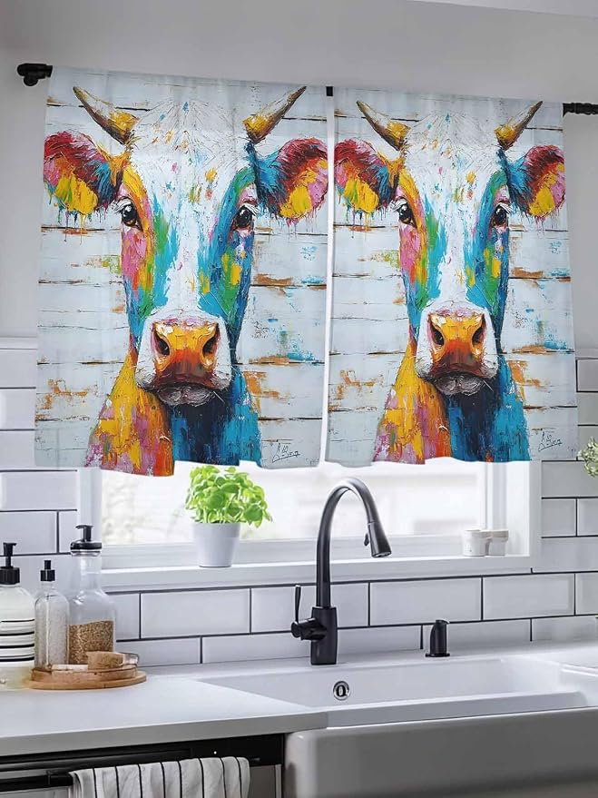 Sheer Curtains 45 Inch Length, Funny Colorful Cow Semi Sheer Curtains Light - Image 5