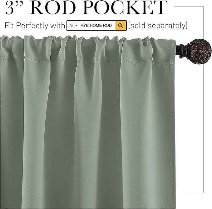 RYB HOME Short Grayish Green Blackout Curtains for Small Bedroom Window, Insulating UV Blocking Drapes for Kitchen Cafe Basement, Privacy Tiers for Bathroom Window, Width 42 by Length 36, Set of 2