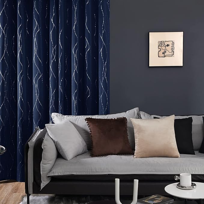 Deconovo Short Window Curtains, Navy Blue Blaakcout Curtain for Kitchen, Thermal Insulated Soundproof Drapes with Silver Wave Dots Prit, Grommet Top, Machine Washable for Nursery Bedroom Living Room