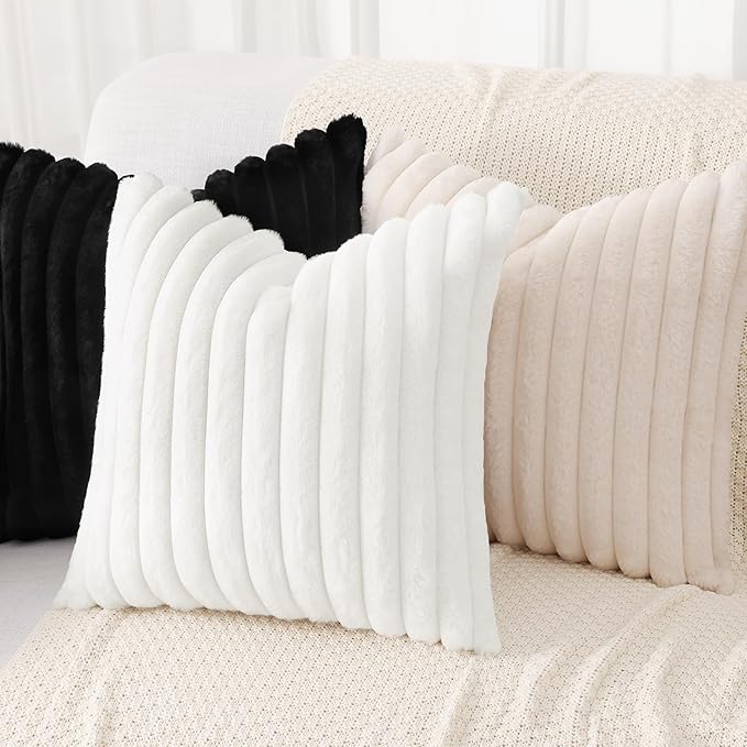 decorUhome Cozy Faux Fur Throw Pillow Covers 22x22 Set of 2 Decorative Soft Plush Striped Modern Farmhouse Boho Couch Euro Sham Pillow Cases with Velvet Back for Sofa Bed Living Room, Black