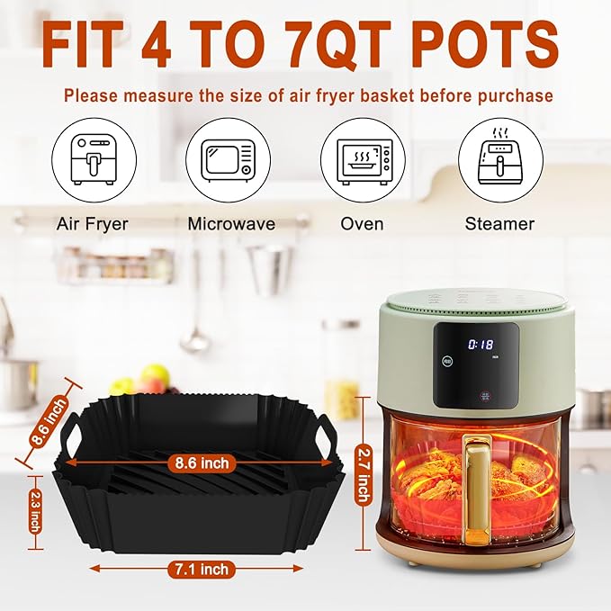 2 Pack Silicone Air Fryer Liners Reusable, 7.1 Inch Airfryer Liner 4-7 QT - Image 2