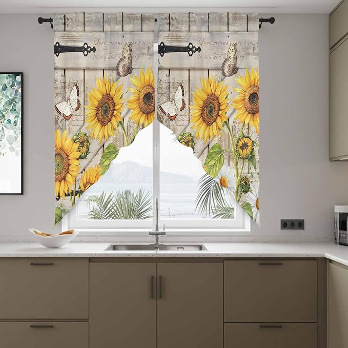 Farm Flowers Swag Valances for Windows, Retro Sunflowers Barn Doors Butterfly - Image 8