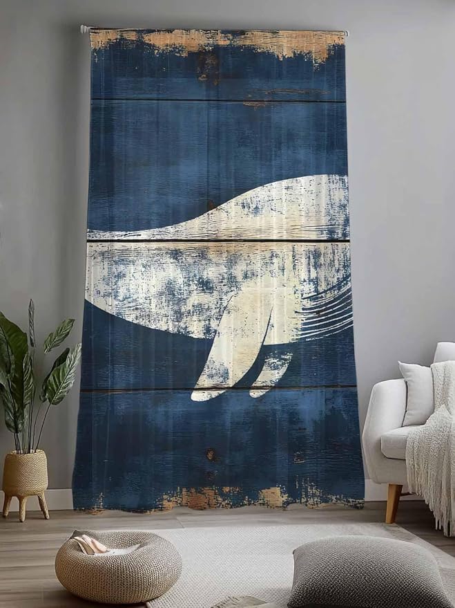 Sheer Curtains 108 Inches Long, Ocean Whale Blue Semi Sheer Curtains Light - Image 2
