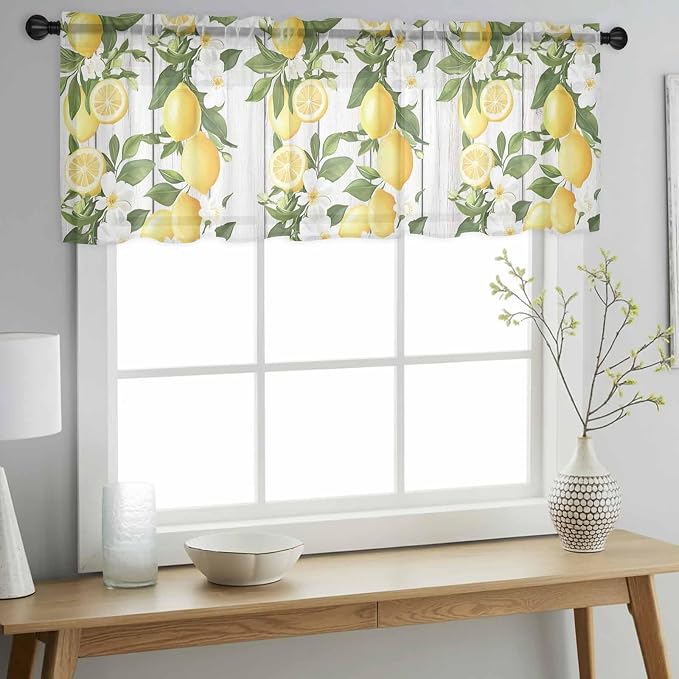 Spring Summer Lemon Sheer Valance Curtains, Leaf Flower White Wood Grain Light - Image 3
