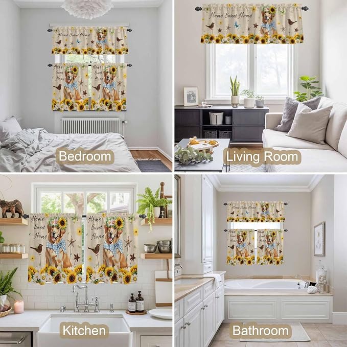 Kitchen Curtains Tiers and Valance Set of 3, Sunflowers Dog Light Filtering - Image 7