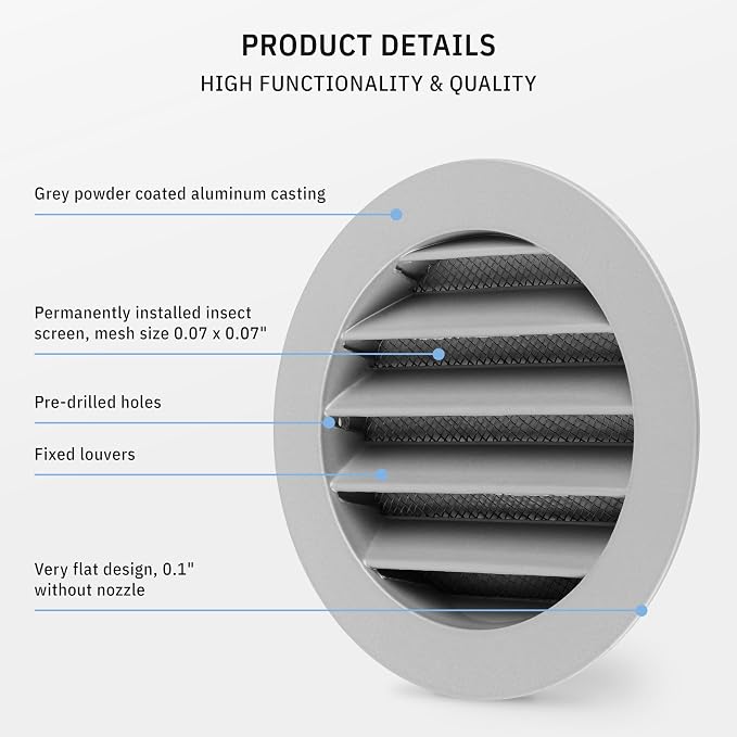 calimaero® WSGG 4" Inch Gray Round Metal Air Vent Grill Cover Flat Louver - Image 4