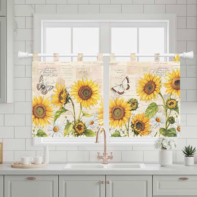 Yellow Sunflowers Kitchen Curtains 36 Inch Length, Small Window Curtains Tab Top - Image 3