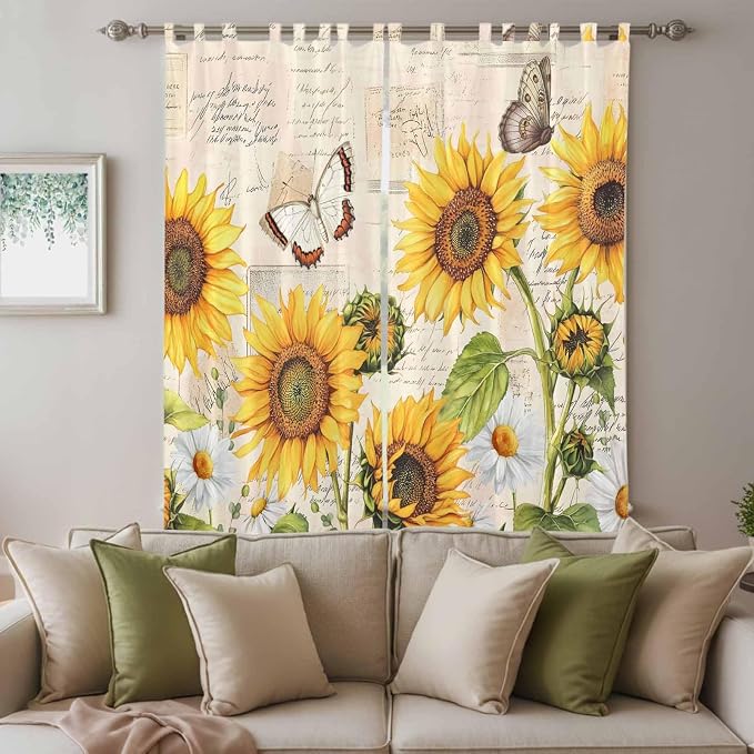 Yellow Sunflowers Living Room Curtains 96 Inch Length, Window Curtains Tab Top - Image 3