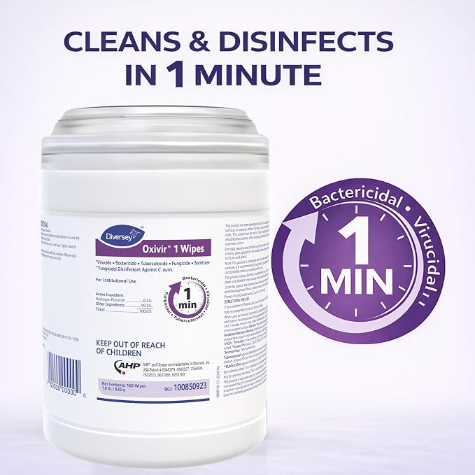 Oxivir Diversey 1 Disinfectant Peroxide Wipes, 160 Wipes, 12 Pack | 1 Minute - Image 6