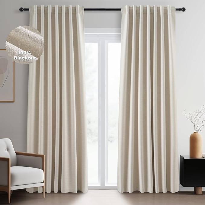 Topfinel Floor to Ceiling Curtains Drapery 108 Inches Long Black Out for Track System with Hooks and Rings, Cream Tan 2 Panel Set Back Tab Pleat Drapes for Track System Living Room 9 FT Length