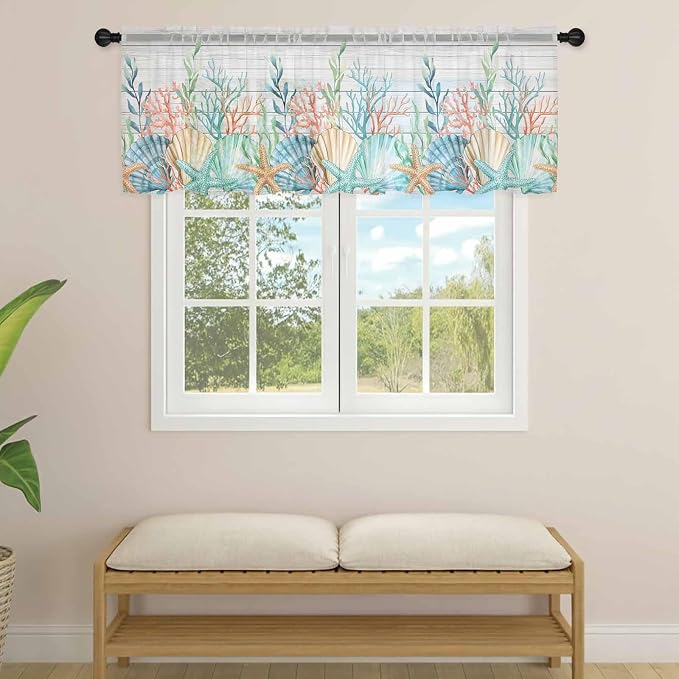 Summer Beach Sheer Valance Curtains, Ocean Colorful Coral Shell Seaweed - Image 4