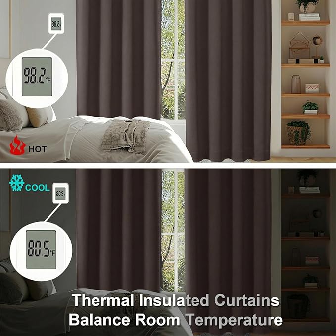 Simplebrand Ava Chocolate Blackout Curtains for Bedroom 84 Inch Length 2 Panels Set, Solid Thermal Insulated Privacy Living Room Window Treatment Curtains Blackout Drapes, W50 x L84 Inch, Chocolate