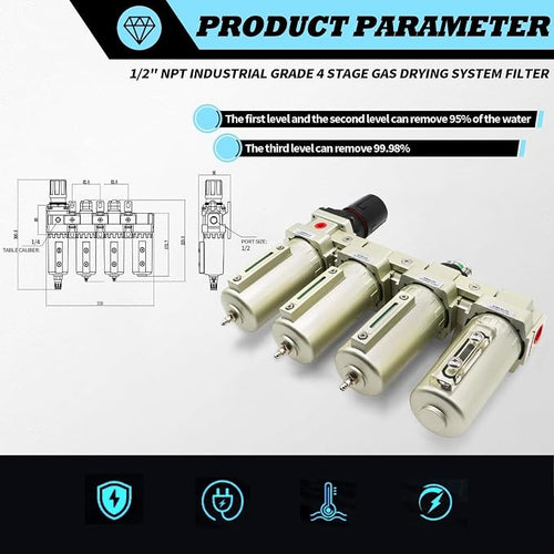 1/2" & 3/4" NPT Industrial Grade 4 Stage Gas Drying System, Coalescing Filter - Image 2