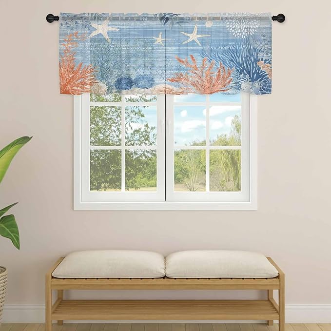 Ocean Corals Sheer Valance Curtains, Summer Beach Coral Sea Stars Blue Stripes - Image 4