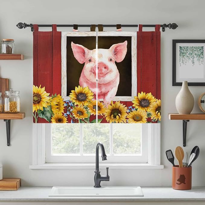 Pigs Sunflowers Bedroom Curtains 63 Inch Length, Window Curtains Tab Top - Image 3