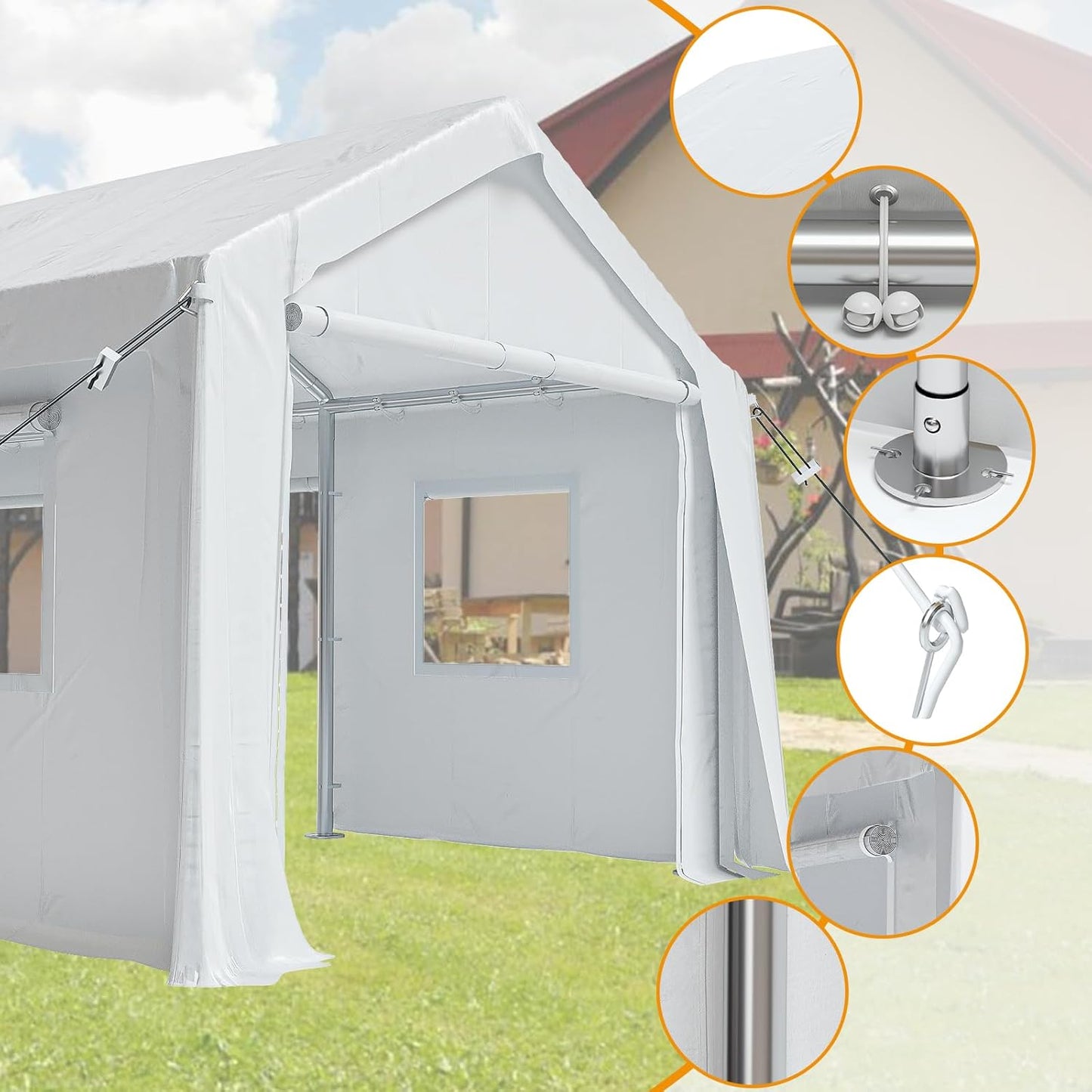 10x20ft Heavy Duty Carport Outdoor Canopy Portable Garage with 4 Doors & 4 Windows Waterproof UV Resistant Storage Shelter with Removable Sidewalls for Car Truck Boat, White