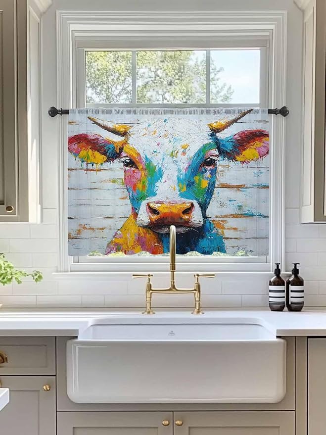 Sheer Curtains 45 Inch Length, Funny Colorful Cow Semi Sheer Curtains Light - Image 3