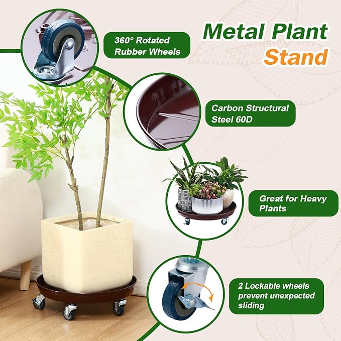 3 Packs Metal Plant Caddy with Wheels 16" Rolling Plant Stand Heavy Duty Plant - Image 2