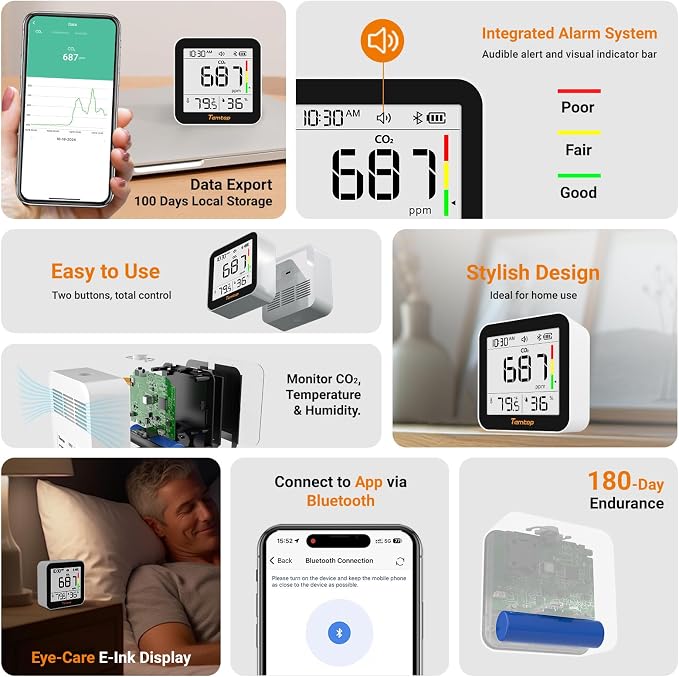 Temtop CO2 Monitor Indoor Air Quality Monitor 3 in 1 CO2 Meter, 180 Days - Image 2