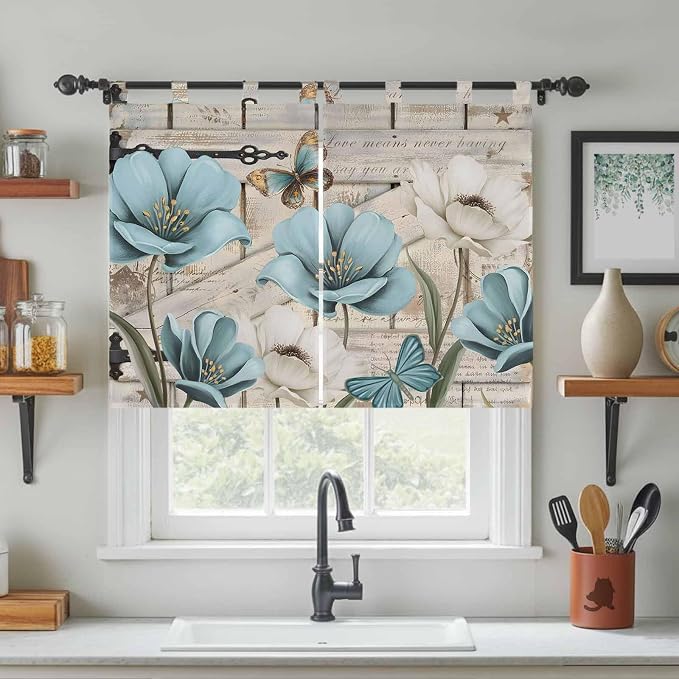 Teal Blue Tulips Kitchen Curtains 45 Inch Length, Short Cafe Window Curtains - Image 3