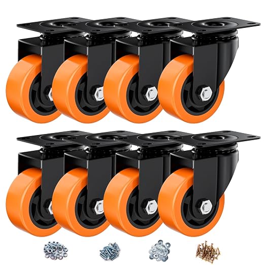 3" Swivel Plate Casters Set of 8 Heavy Duty 1000 lbs | Orange PU, Non-Marking by ASHGOOB