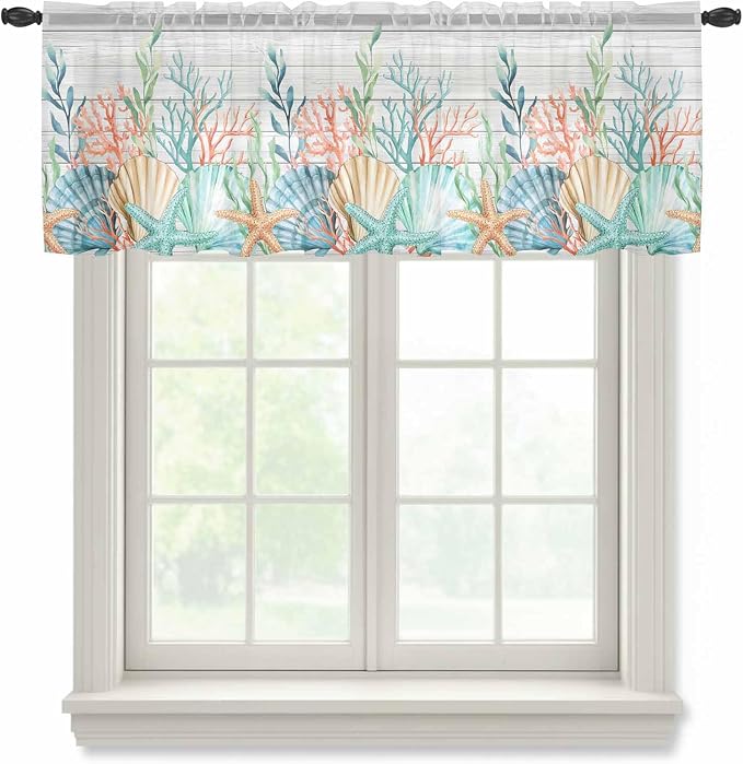 Summer Beach Sheer Valance Curtains, Ocean Colorful Coral Shell Seaweed by Houseown