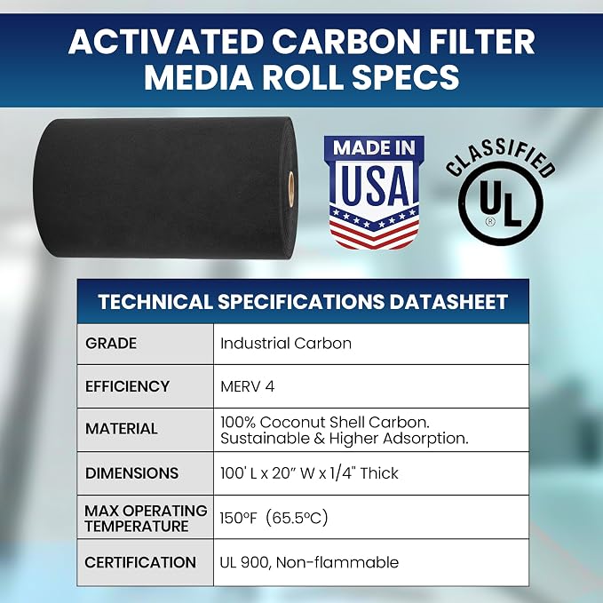 Activated Carbon Filter Media Roll, 20 in x 100 ft | Cut to any size; 1/4 in; - Image 2