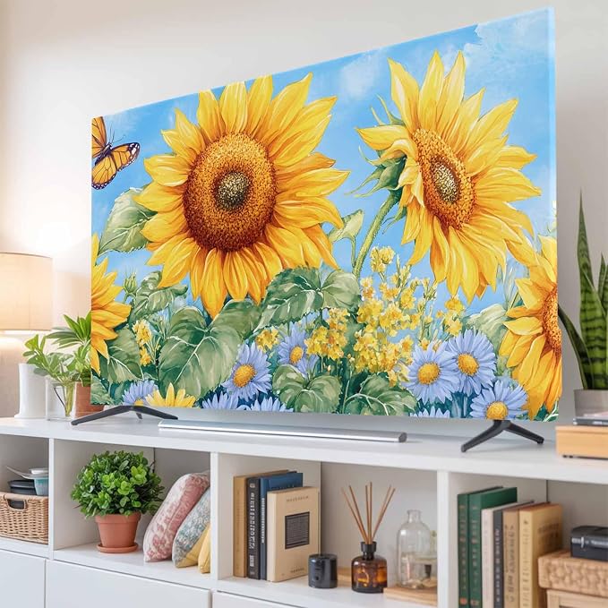 Watercolor Sunflower Butterfly Flower Leaves Indoor TV Cover, Elastic TV Screen - Image 6
