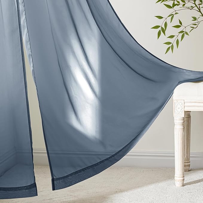 MIULEE Navy Blue Sheer Curtains 90 Inches Long, 4 Panels Set, Light Filtering Rod Pocket Voile Drapes Window Treatments, Semi Transparent Airy Fabric for Bedroom and Living Room, 54 x 90 Inches